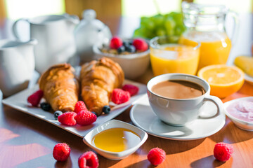 Breakfast served with coffee, orange juice, croissants, cereals