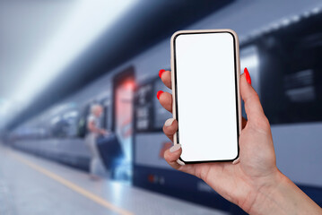 Mockup of a smartphone with a white screen close-up against the background of the train in the subway.