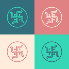 Pop art line Hindu swastika religious symbol icon isolated on color background. Vector