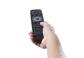 Hand holding television remote control on white background