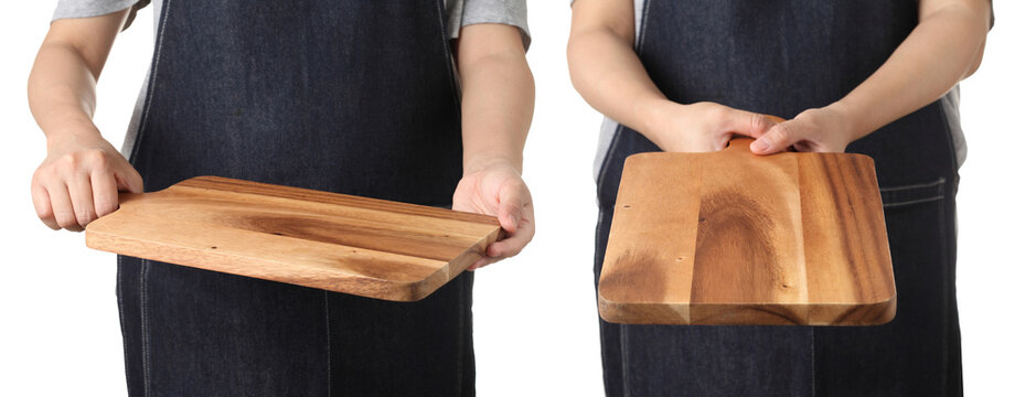 Chef Holding Wooden Cuttingboard On White Background