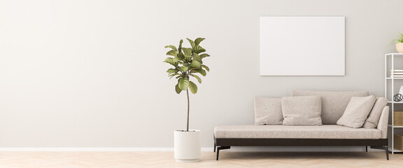 Chaiselongue style sofa in an apartment with a figue tree, a shelf and a mockup artists canvas on the wall. 3d render. Web banner format