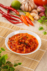 Sambal Balado with chili ingredient. Sambal Balado is Traditional red chili paste from Padang, West Sumatra