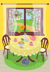 Summer hand drawn poster calm comfortable rest village home. Cozy summertime tea in interior country house. Teapot, cups and flower in vase on table. Foliage, lawn grass and path outside window
