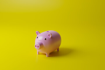Pink piggy bank placed on a yellow background 3d rendering