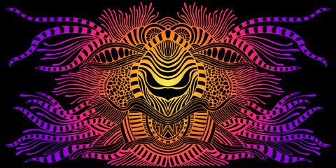 Fantastic psychedelic abstract shamanic ornament, gradient neon color, isolated black background.