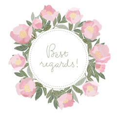 floral frame. Pink peonies are collected in border on a green background. Suitable for postcards, greeting cards, invitations. Lettering Best regards