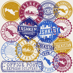 Tashkent Uzbekistan Set of Stamps. Travel Stamp. Made In Product. Design Seals Old Style Insignia.