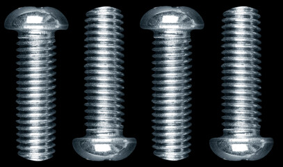 Macro shot metal bolt isolated on black background. Chromed screw bolt isolated. Steel bolt isolated. Nuts and bolts. Tools for work.