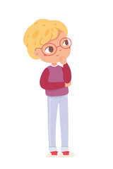 Thoughtful boy standing, looking and thinking. Positive emotion and interest of child vector illustration. Cute little kid in good mood with pensive face on white background