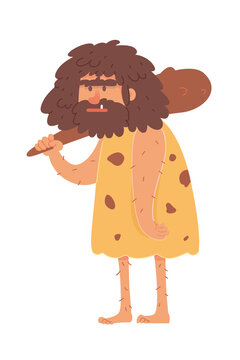 Caveman with stick in Stone Age. Prehistoric ancient history vector illustration. Man with beard standing isolated on white background. Archaic museum character figure with tool