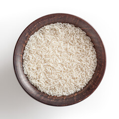 Uncooked jasmine rice in ceramic bowl isolated on white background