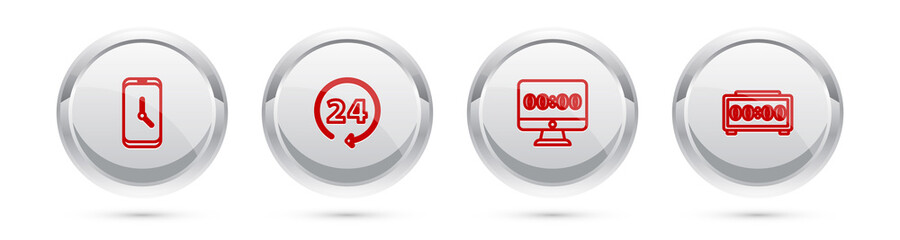 Set line Alarm clock app mobile, Clock 24 hours, on monitor and Digital alarm. Silver circle button. Vector