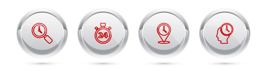 Set line Magnifying glass with clock, Stopwatch 24 hours, Location and Time Management. Silver circle button. Vector