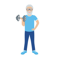 Happy elderly man with barbell icon vector. Cheerful old man exercise hold dumbbell vector. Senior fitness exercise icon isolated on a white background