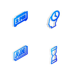 Set Isometric line Time Management, Digital alarm clock, Clock AM and Old hourglass icon. Vector