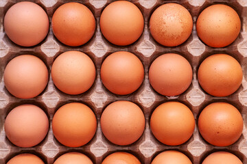 Fresh raw chicken eggs in a cardboard box. Brown, top view, fifteen full unbroken pieces