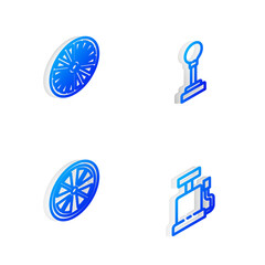 Set Isometric line Gear shifter, Alloy wheel, and Car air pump icon. Vector