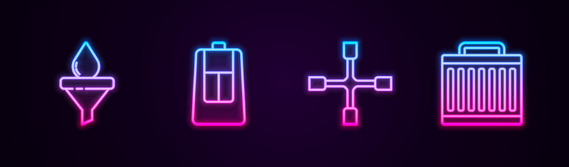 Set line Funnel and oil drop, Car key with remote, Wheel wrench and radiator cooling system. Glowing neon icon. Vector