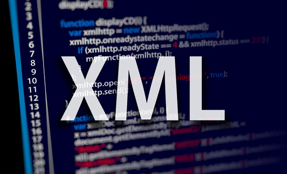 Extensible Markup Language.  XML code on dark background in code editor and word XML