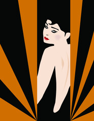 A woman looks over her shoulder in an Art Deco style fashion and beauty illustration.