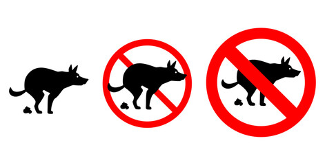 Dog pooping No poop sign. Black silhouette on a white background illustration.