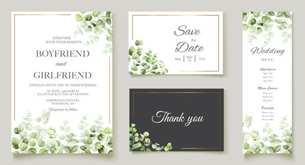 Fototapeta na wymiar Watercolor eucalyptus wedding invitation card