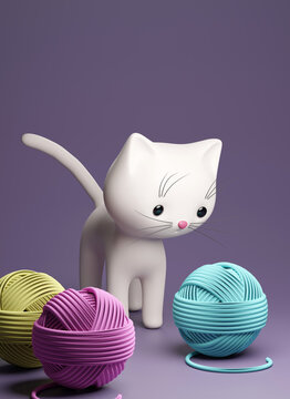 Cute kitten with balls of yarn. 3d render