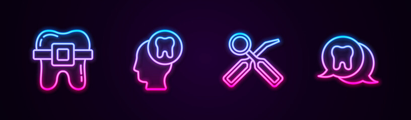 Set line Teeth with braces, Human head tooth, Dental inspection mirror and Tooth. Glowing neon icon. Vector