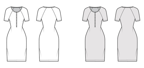 Fototapeta premium Dress henley collar technical fashion illustration with short raglan sleeves, fitted body, knee length pencil skirt. Flat apparel front, back, white, grey color style. Women, men unisex CAD mockup