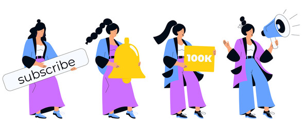 Video blogger calls to subscribe to online channel. A girl holds a loudspeaker, a bell, a button. Social media marketing. Influencer girl attracts followers. Internet vlog. Set of character.