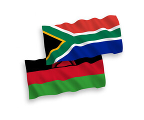 Obraz premium National vector fabric wave flags of Malawi and Republic of South Africa isolated on white background. 1 to 2 proportion.