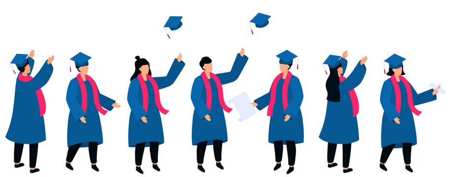 Set of isometric students in graduation gowns and mortarboards hold diploma. Class of 2021