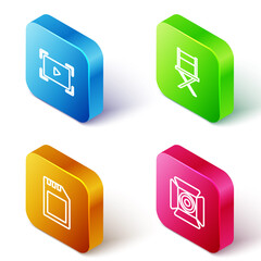 Set Isometric line Online play video, Director movie chair, SD card and Movie spotlight icon. Vector