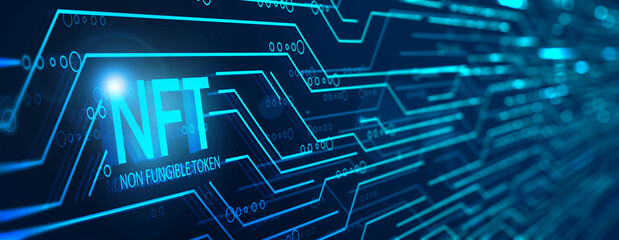 NFT non fungible token digital online cryptocurrency blockchain concept, pay unique trading token collection vector art illustration computer graphic blue network background.