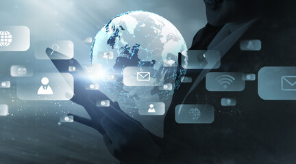 Wireless communication networking connectivity technology concept, businesswoman using tablet media connected to world global environment tech development changes time goal, banner blue background