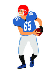 American football player in action, vector illustration isolated on white background. Sportsman in full equipment on court. Rugby sport man with ball. Popular collage sport super star.
