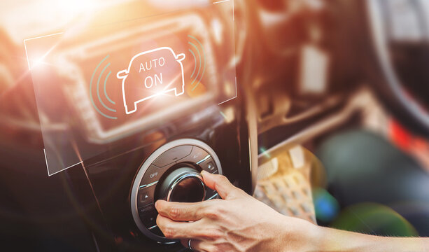 Smart car dashboard HUD screen display system selecting option on car function panel multi gesture interactive touch finger of driver concept, electric car energy saving security power charging system