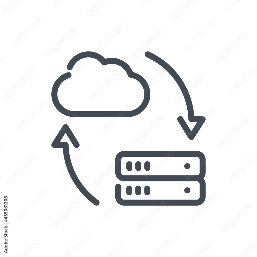 Poster data transfer from cloud network to server line icon. cloud storage synchronization with data storag