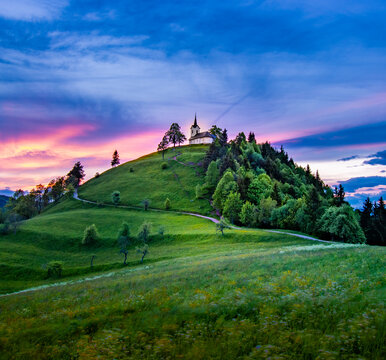 Sveti Jakob hill with a church on top, Central Slovenia region