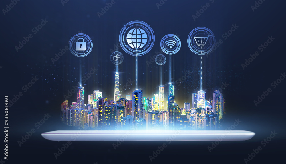 Wall mural futuristic city on digital tablet technology, smart city internet of things application system abstr