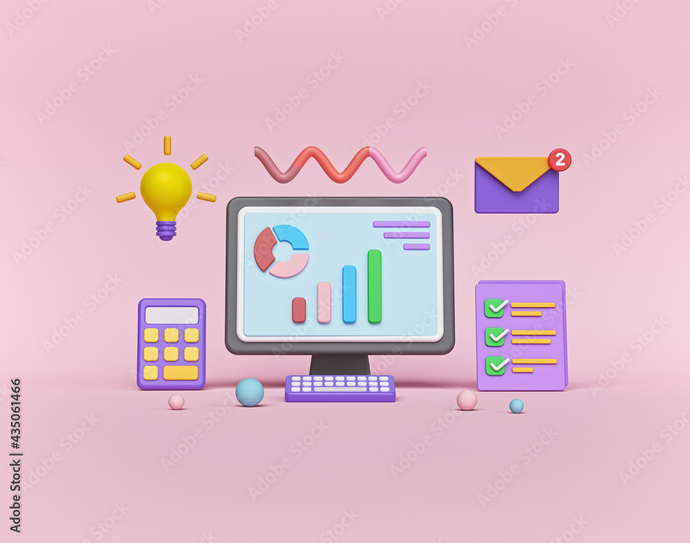 Poster business data report and computer monitor. 3d rendering