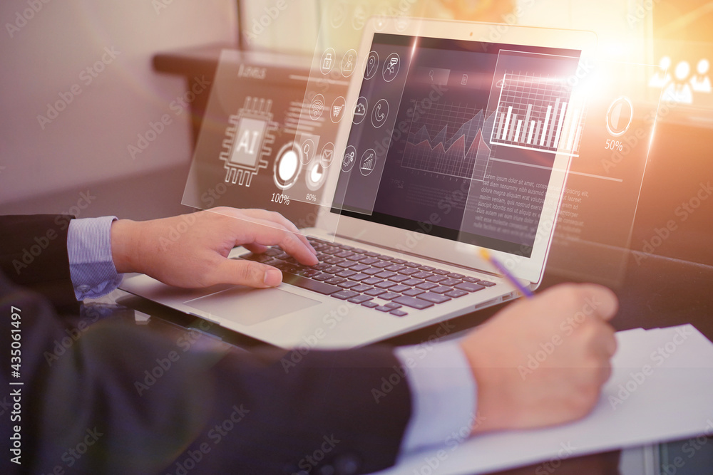 Poster business people using computer laptop hud screen display projection, reading charts graphs statistic