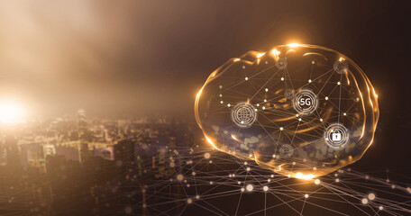 Artificial intelligence wireless communication networking fast deep learning machine improving development future AI machine and technology, human brain hologram with smart city sunset background.