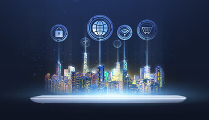 Futuristic city on digital tablet technology, smart city internet of things application system abstract blue background of internet network connection wireless communication graphical icon concept