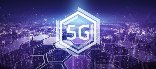 Modern industrial skyline city structure, smart city internet of things concept 5g wireless network connection communication technology information system, purple sunset abstract icon background