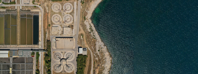 Aerial drone ultra wide photo of latest technology sewage treatment plant and sludge drying...