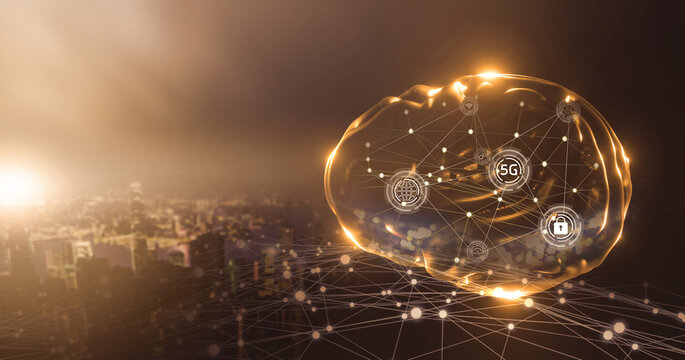 Artificial intelligence wireless communication networking fast deep learning machine improving development future AI machine and technology, human brain hologram with smart city sunset background.