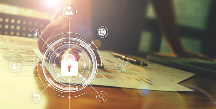 Business person pointing at graph using computer laptop technology researching data information creative ideas brainstorming contact security, e-commerce start up business plan icon concept.