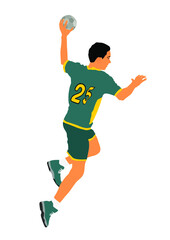 Fototapeta na wymiar Handball player in action vector illustration. Elegant body sport figure. Dynamic athlete boy jump and shooting penalty in goal. Sport man handball attack target shut in jump.